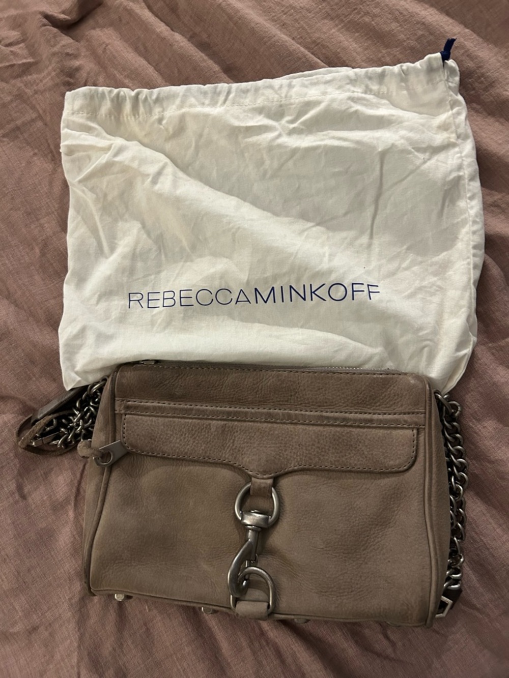 Rebecca Minkoff Taupe Suede/Leather Crossbody Bag with Gunmetal Chain